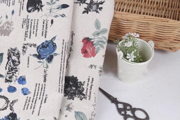Rose Fabric Linen Fabric Vintage Flower Linen Cotton Fabric Rose Music Poetry Retro Fabric - 1/2 Yard f013