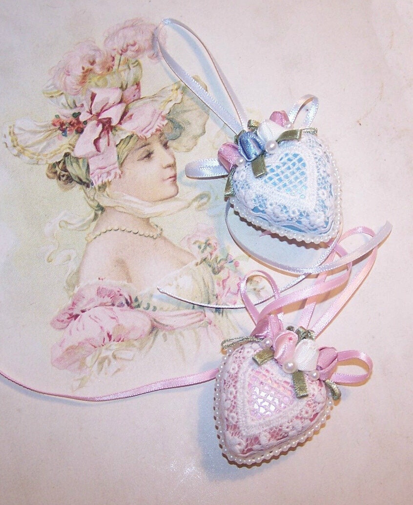 2 VICTORIAN REVIVAL Handmade Heart Ornaments - Lace & Lacquer.....