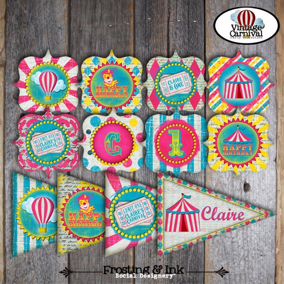 Carnival Party - Circus Party - Complete Collection - Toppers, Banner, Favor Tags & More - Printable - Pink - Blue - Yellow (Girl, Vintage)