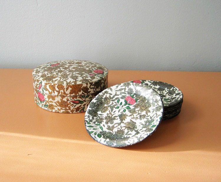 Summery Floral Paper Mache Coaster Set with Box, Set of Eight, Gold Leaf, Japan