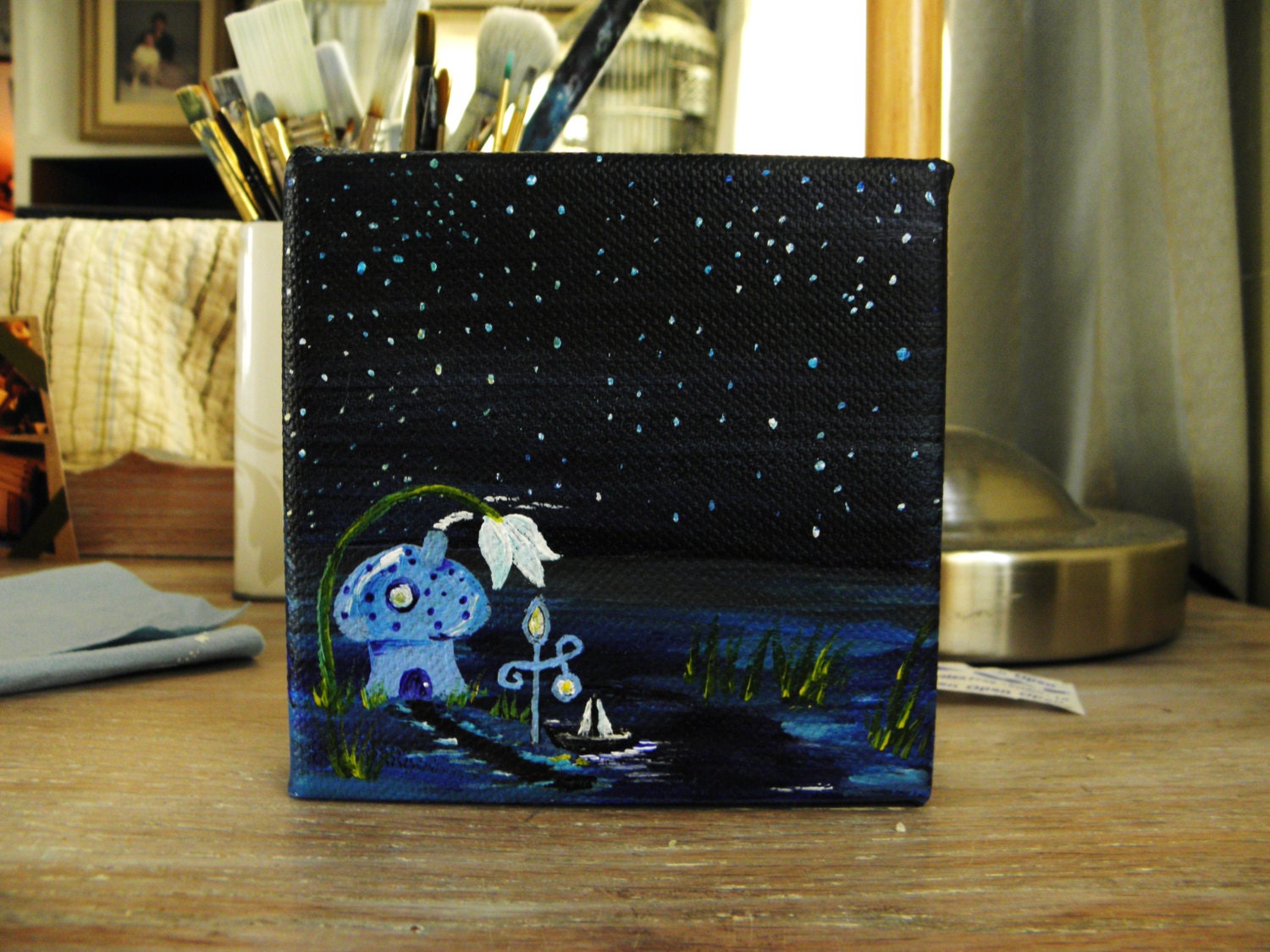 Starry Sky, Original Painting, Mushroom, Marsh, Fine Art, Fantasy Art, Surreal Art, ACEO, Miniature Painting