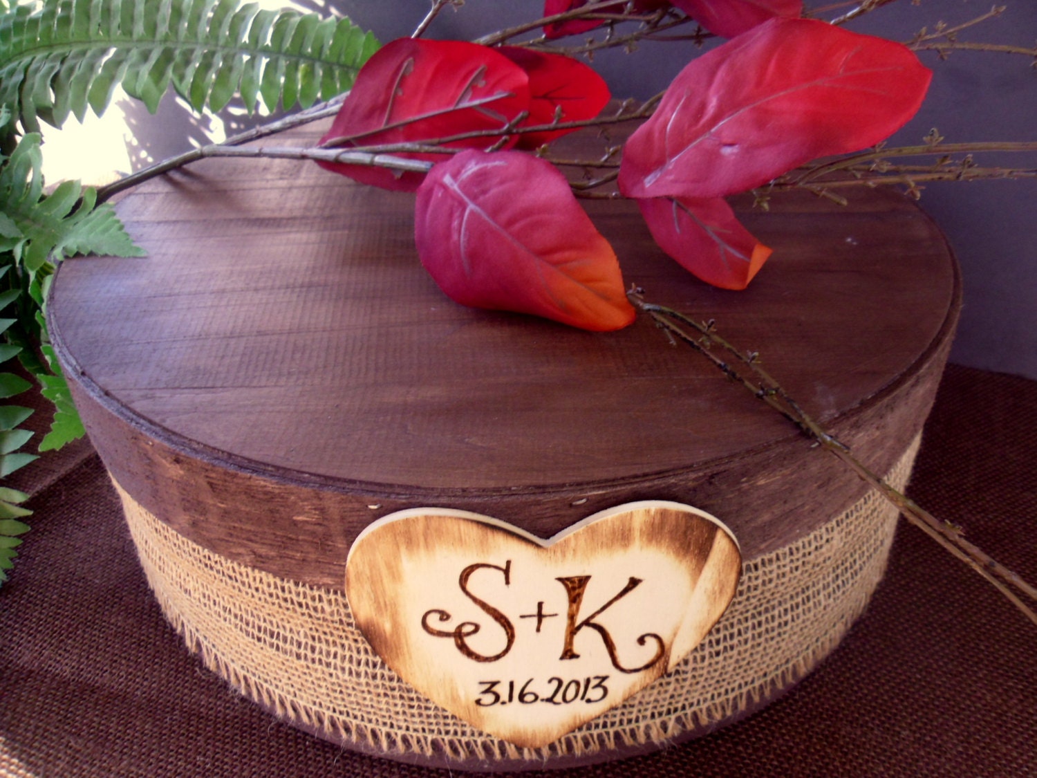 Cake Stand for Rustic Wedding with Burlap and Personalized Heart