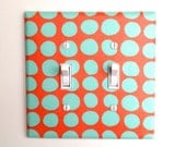 Amy Butler DOUBLE Toggle Light Switch Plate Cover / Nursery Decor / Aqua and Coral Orange / Kitchen / Bathroom / Sunspots / Kids Girls Room