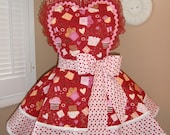Valentine's Cupcake Print with Glitter Hearts Womans Retro Apron With Tiered Skirt, Featuring Lace Trimmed Heart Bib