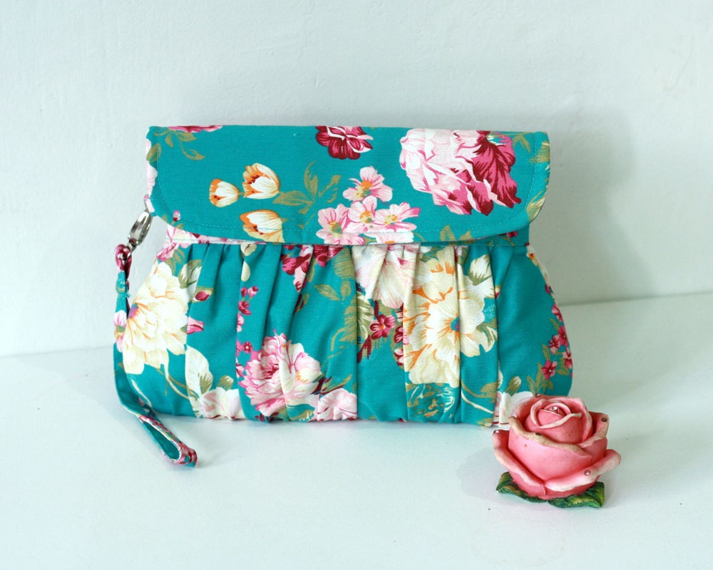 Spring clutch bag - turquoise green floral clutch