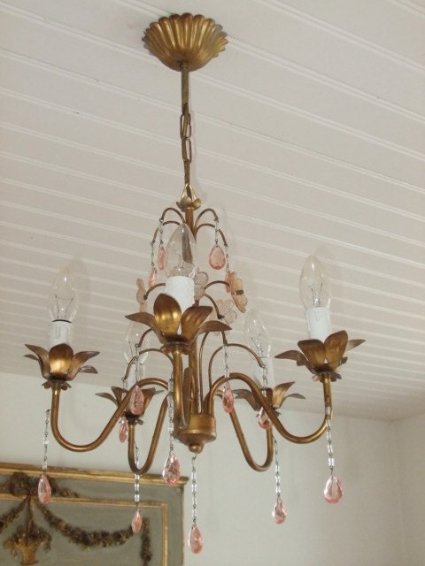 Vintage French simply adorable old toleware chandelier.  with pink crystal drops...  romantic, Paris apartment, boudoir,  cottage chic.