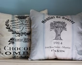 Set of two pillow covers with vintage French advetisements. In off white and duck egg blue