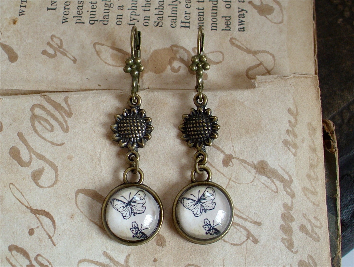 NEW - Butterfly and Sunflower Dangle Earrings - Antique Insect Print Dangle Earrings in Brass - Spring - Summer - Cottage Chic