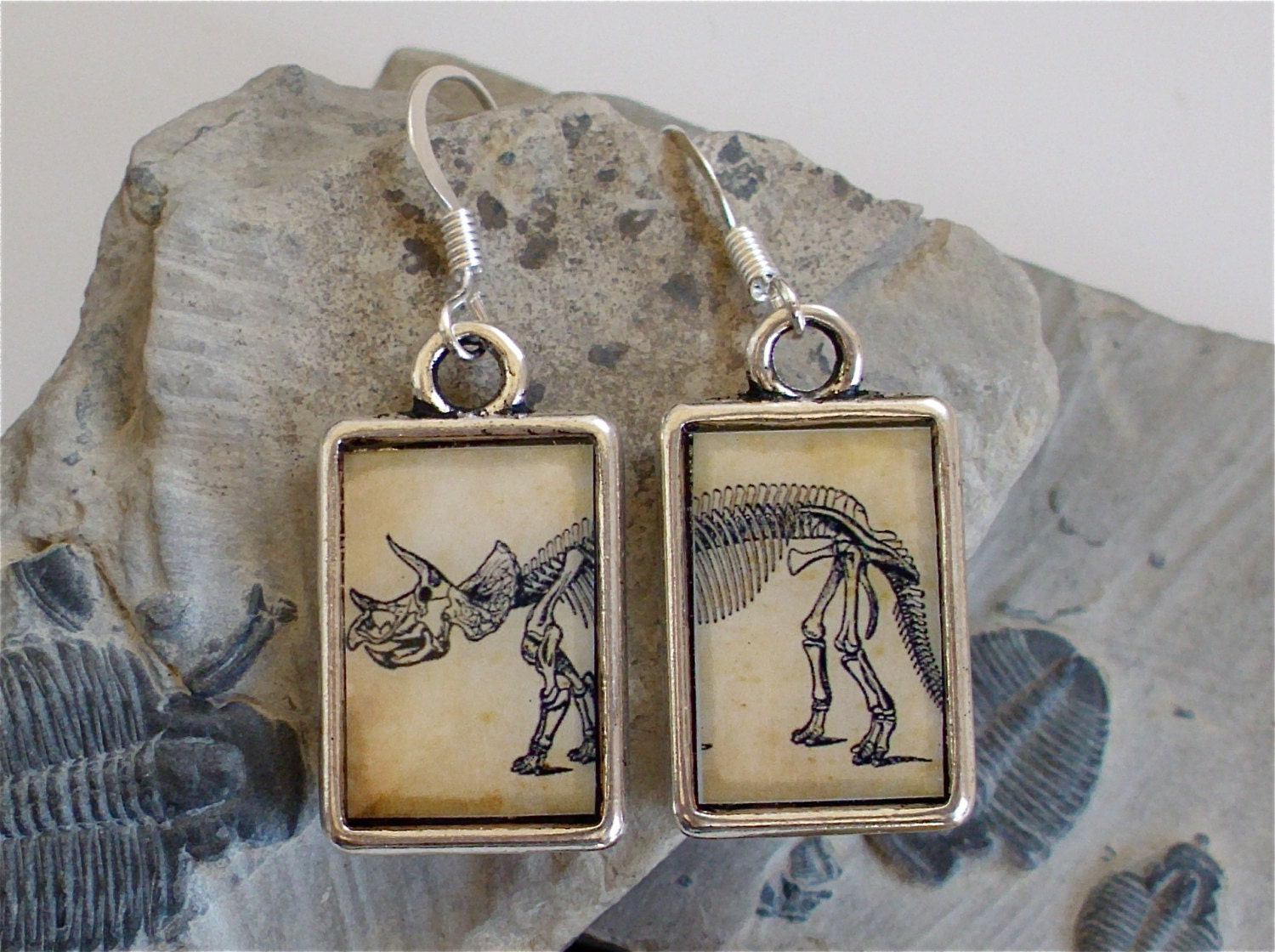 Dinosaur Dangle Earrings - Triceratops - DOUBLE-SIDED Antique Fossil Print Jewelry in Silver