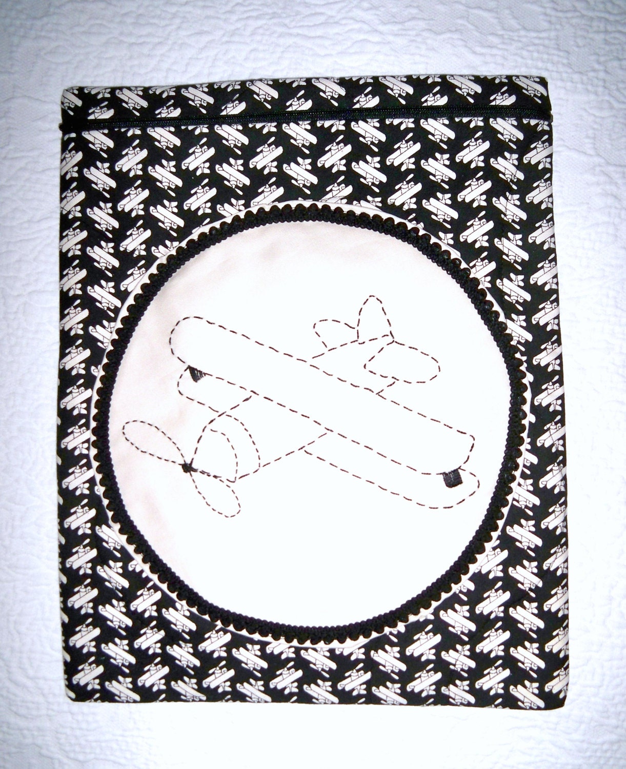 iPad, Zipper Bag, Quilted Pouch, Kokka, Retro, Biplane, Black Print - MadokiArts