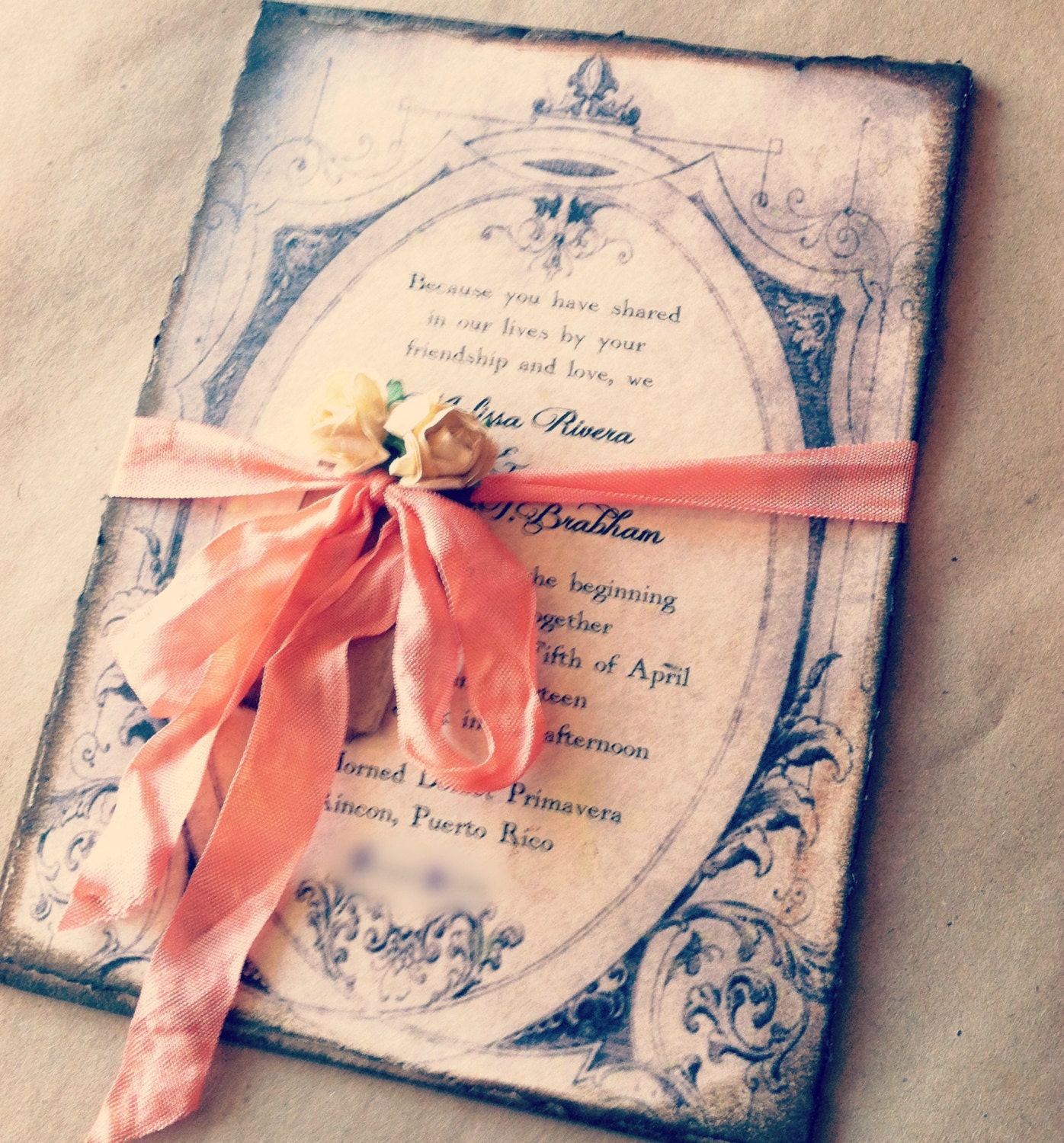 Wedding Invitations Peach Coral Gold Art Deco Chipboard