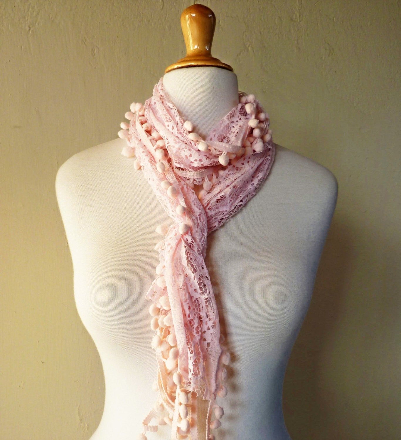 Womens Summer/Spring scarf in LT PINK with rich lace and pompom edge - scarflette shawl neckwarmer - accessories