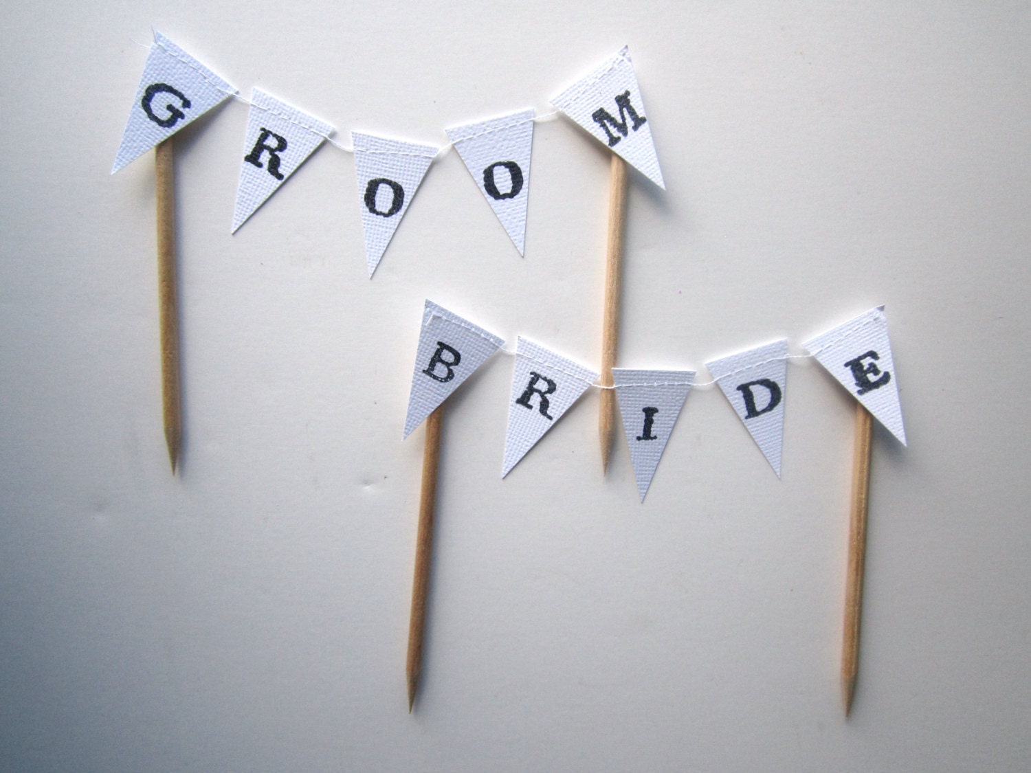 Wedding Cake Toppers, Bunting Flags, Bride and Groom, Set of 2