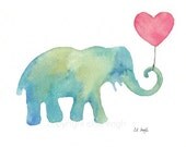 Blue Baby Elephant with Pink Heart Balloon, Original Watercolor Painting, 8x10
