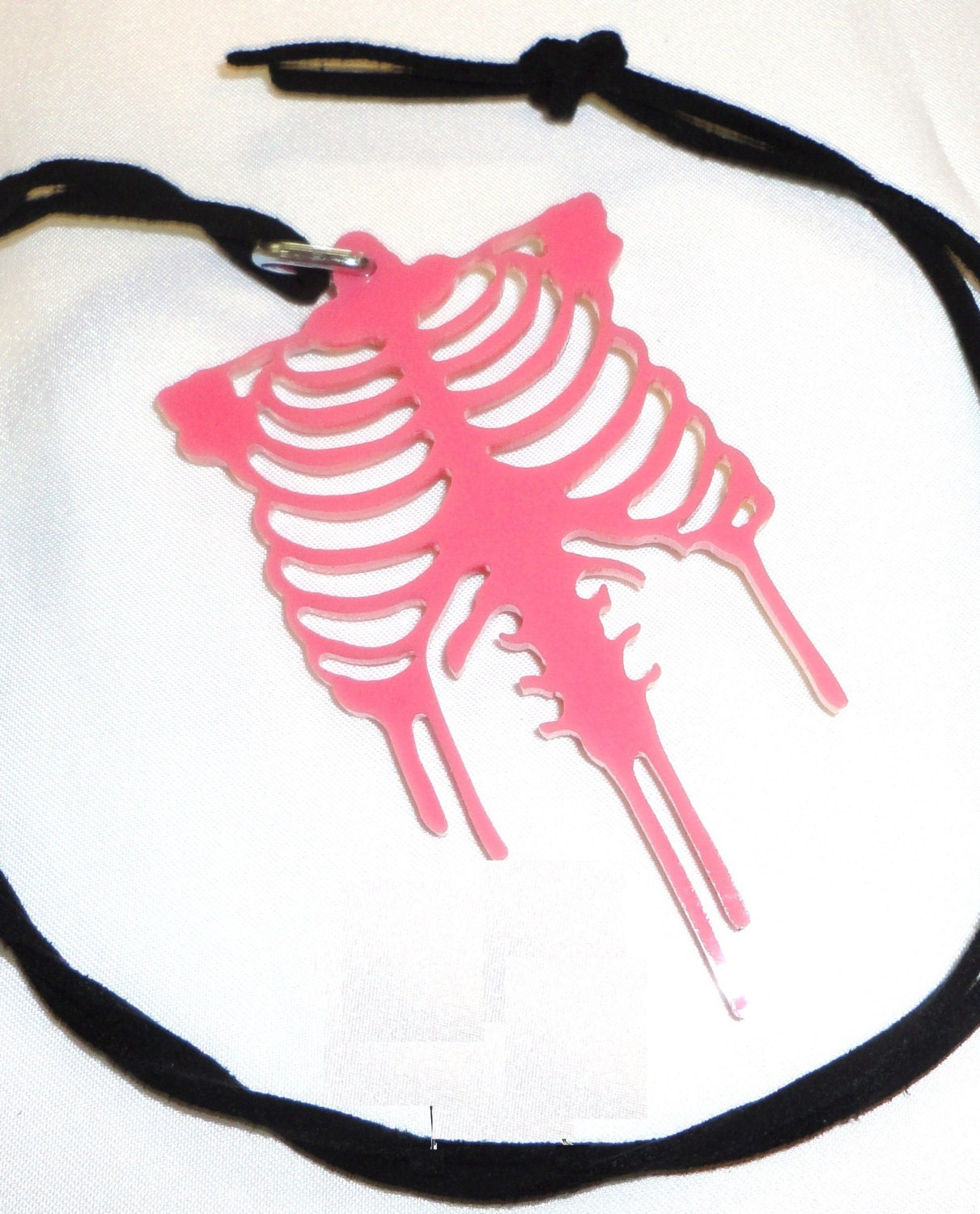 Fuschia Pink ACRYLIC SKELETAL RIBCAGE Pendant Necklace Black Velvet