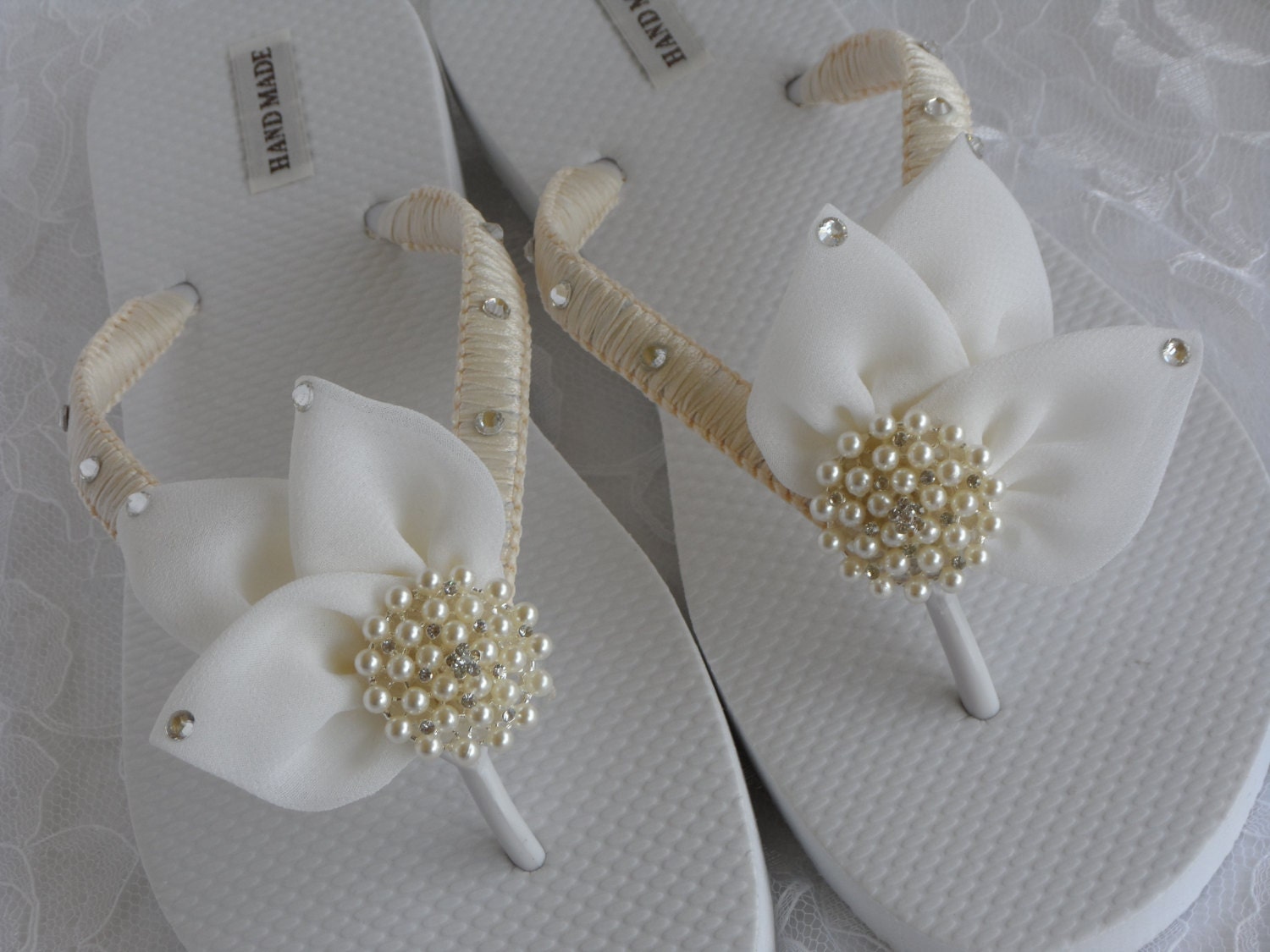 Ivory Wedding Flip Flops / Chiffon Leaf Flip Flops / Bridal flip Flops /Beach Pearl Rhinestone Flip Flops  / Bridesmaids.