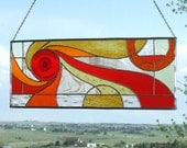 Abstract Geometric Stained Glass Panel In Warm Colors, Reds, Oranges, Golds