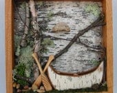Framed Canoe, Woodland Scene - Birch Bark Canoe, Urban Forest, Shadow Box, Urban Rustic