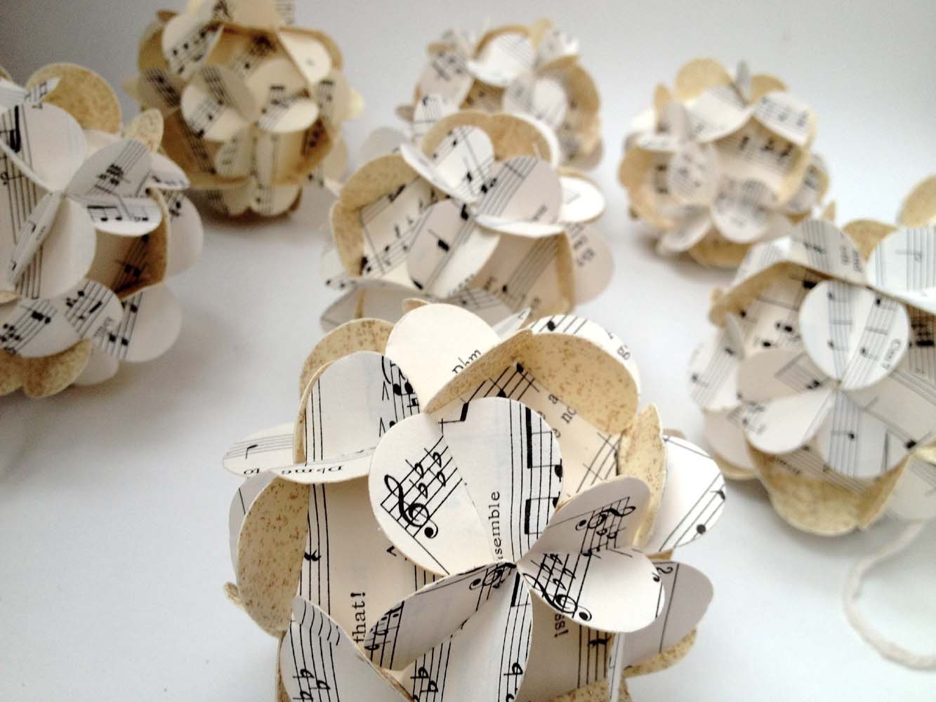 Handmade Upcycled Music Score Paper Ball Ornaments Vintage Set of Eight, Photography Props, Christmas Tree, Wedding Decorations