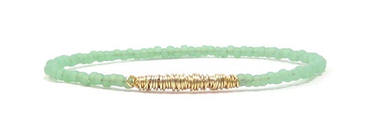 Beaded Bangle Bracelet // Eco-Friendly Jewelry // Mint Green Beaded Bracelet Gold Wire Wrap // Handmade Bracelet // Recycled Jewelry