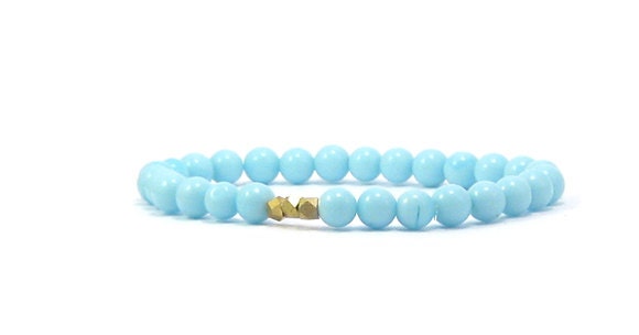 Stretch Beaded Bracelet // Pastel Sky Blue & Vintage Gold Geometric Nuggets // Handmade Jewelry // Bracelet //// Women's // Gift