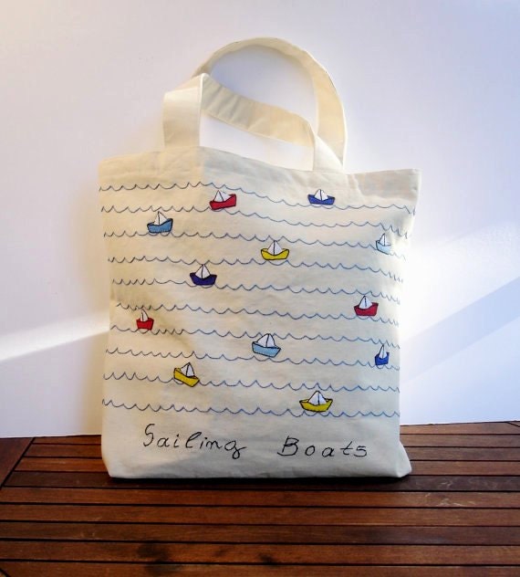 Perfect casual summer tote bag in natural canvas, all to carry, shopper, sailing boats, unique,chic