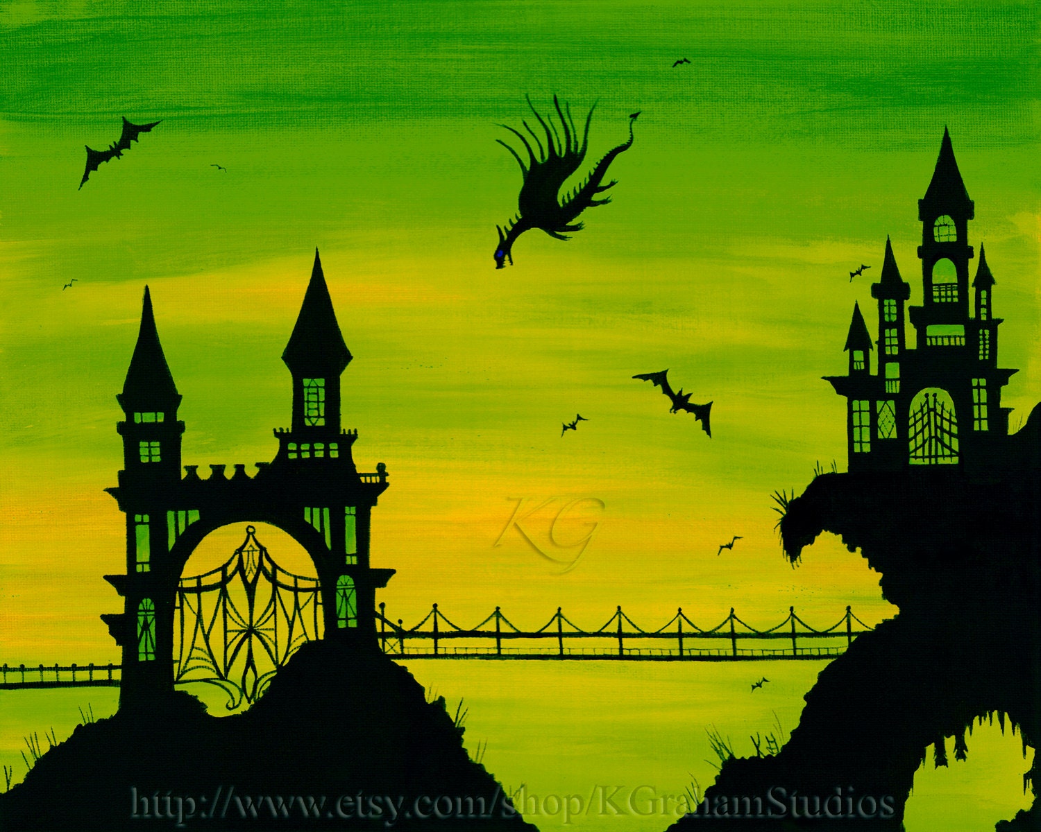 Green CASTLE  DRAGON Art Print Ornate Gothic Castle & Draw Bridge Fantasy Halloween Art by K Graham Surreal Green Sky 8x10