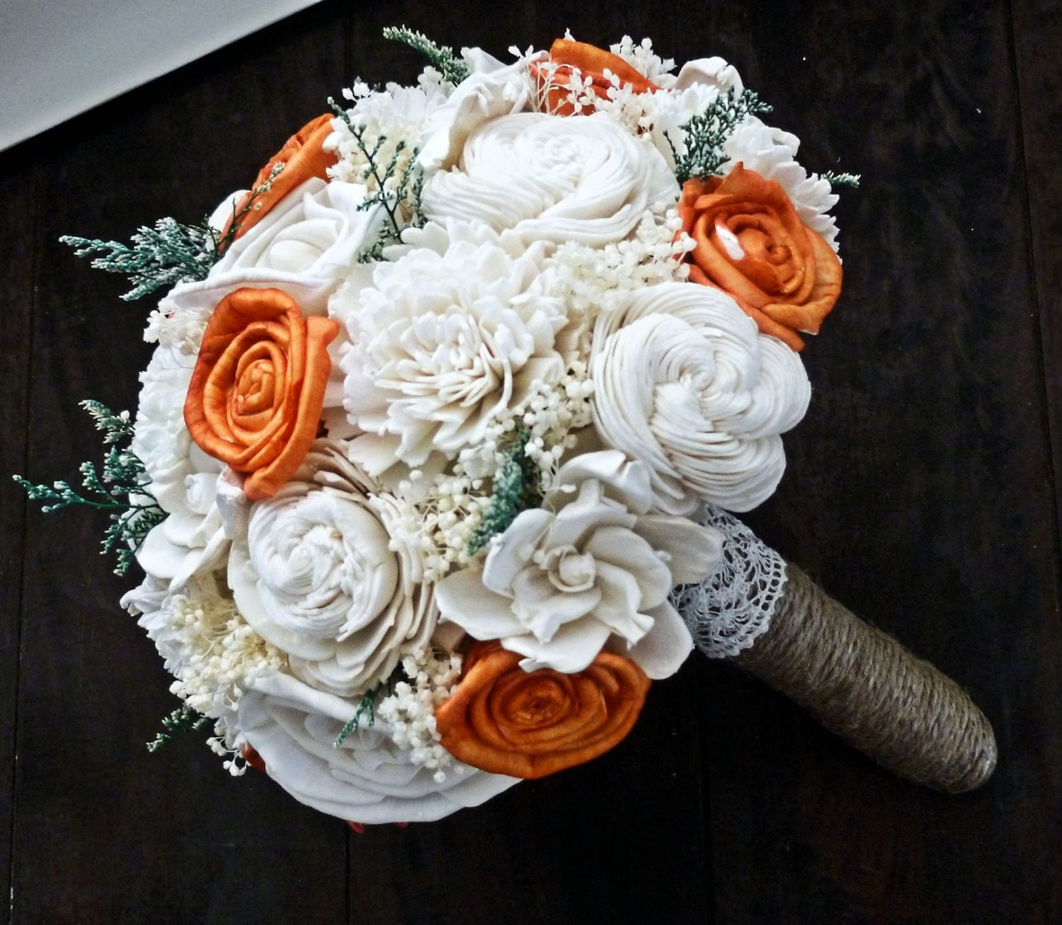 Alternative Wedding Bouquet - Custom Tangerine Orange Ivory Bridal Bridesmaid Bouquet, Sola flower bouquet, Keepsake Bouquet