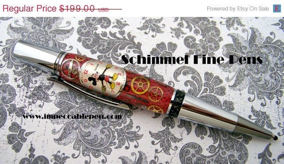 ON SALE Handmade Schimmel Pen, Amazing Vintage Sliver faced Mickey Mouse Watch, Disney, Steampunk Pen,  in clear top Display Box.