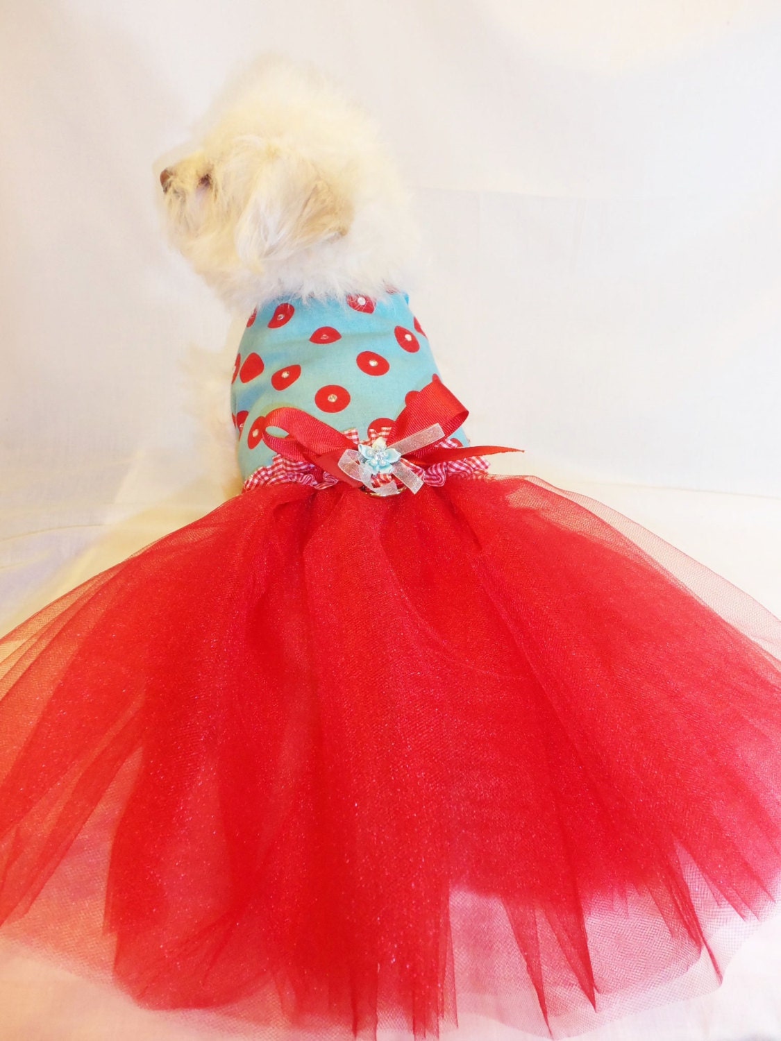 RockinDogs Retro Red and Turquoise Polkadot Tutu Harness Dress with Swarovski Crystals