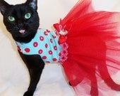 CoolCats Retro Red and Turquoise Polkadot Tutu Harness Cat Dress with Swarovski Crystals