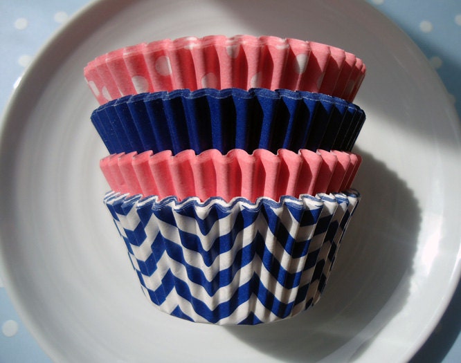 Navy Blue and Pale Pink Cupcake Liners - Chevron, Polka Dot and Solid Baking Cups (60)