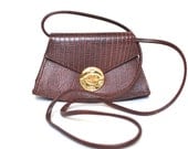 Vintage 80s Bag - Dark Brown Croc Embossed Synthetic Turnlock Crossbody