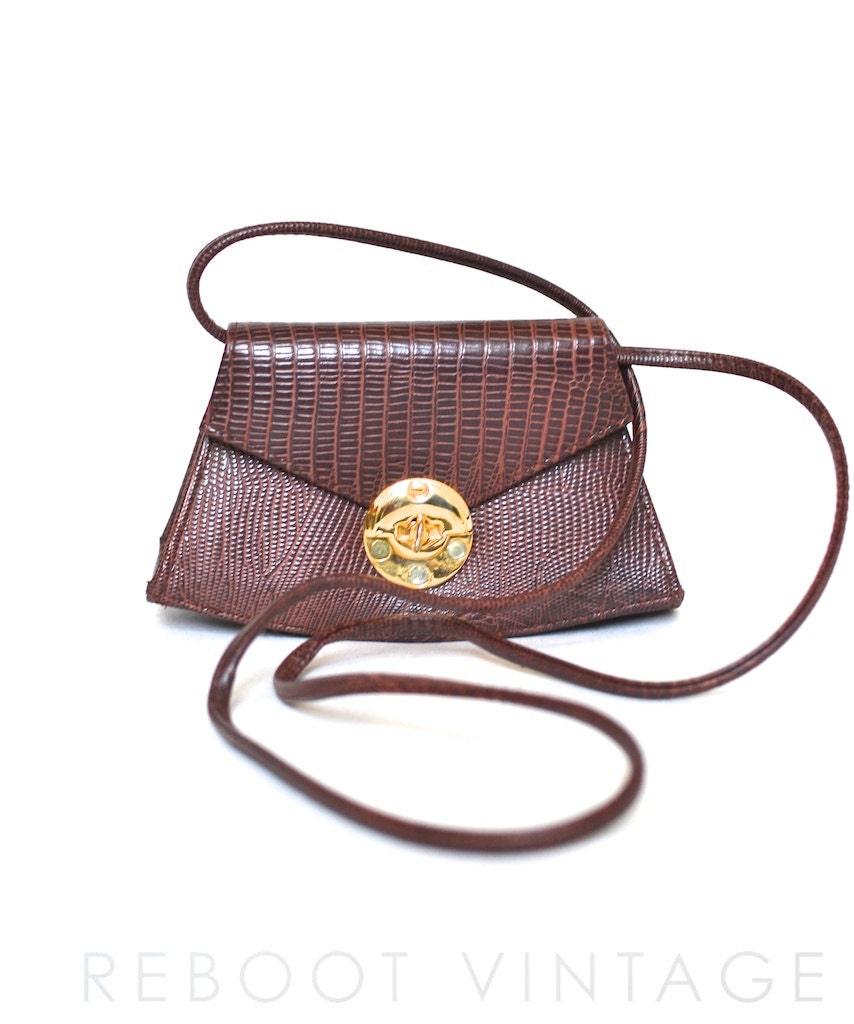 Vintage 80s Bag - Dark Brown Croc Embossed Synthetic Turnlock Crossbody