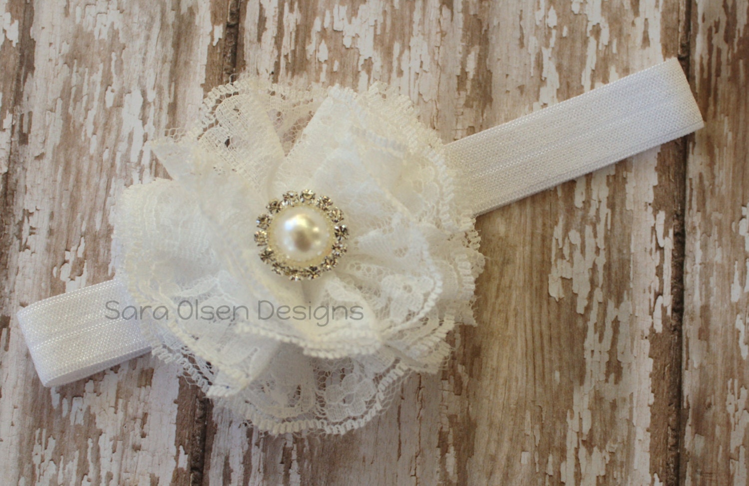 Baptism Headband, Shabby Chic White Lace Elastic Headband, Newborn Infant Headband, Faux Pearl Crystal Center, Christening, White