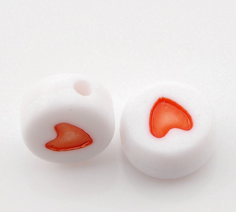 Alphabet Beads Heart bead Red and White 7mm flat 25 pcs