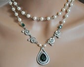 Vintage Style Pendant Necklace,Swarovski Crystal and Pearl Necklace,Bridal Pearl Necklace,Rhinestone Pendant Necklace,Green Stone