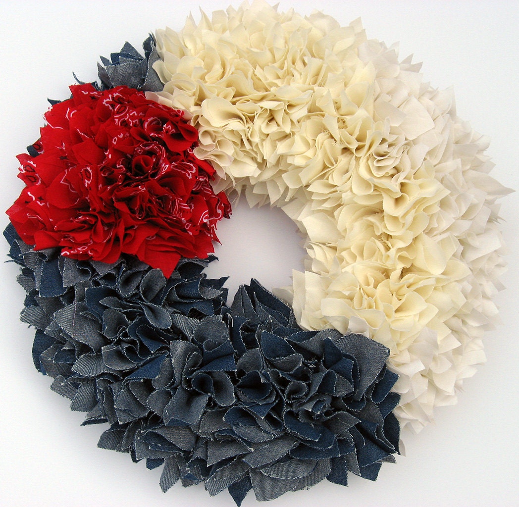 Ready to Ship --- 15" Handmade Zinnia Rag Wreath --- Red, White & Blue