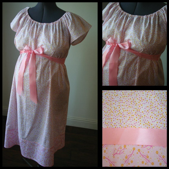 Maternity Hospital Labor Gown- White with Pink and Orange Polka Dots, Cherry Blossom Band