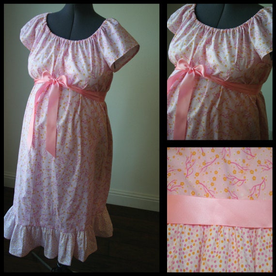 Maternity Hospital Labor Gown- Pink and Orange Cherry Blossom, Polka Dot Ruffle