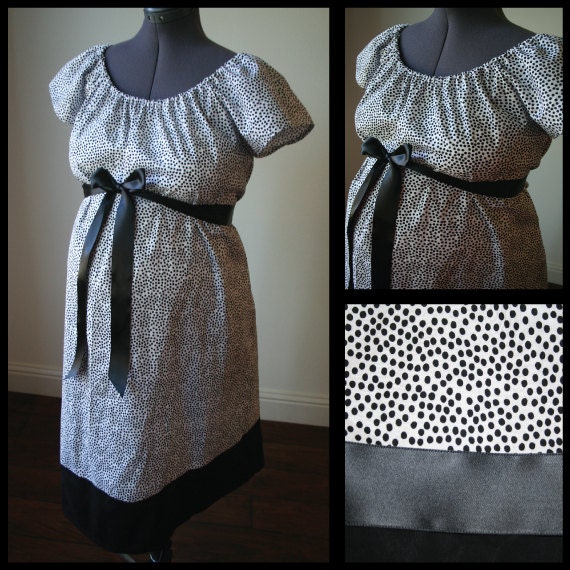 Maternity Hospital Labor Gown- White with Black Polka Dots, Black band- ribbon color can be changed