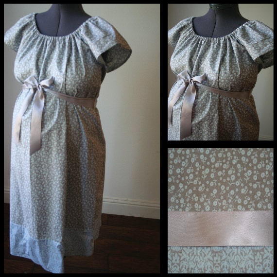 Maternity Hospital Labor Gown- Gray with Blue Floral, Damask Band