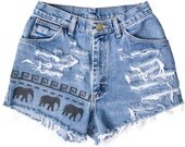Tribal Aztec Elephant Waves Shorts Hand Painted Vintage Distressed High Waisted Denim Coachella Boho Hipster Small Medium W26