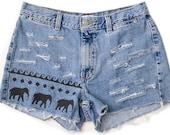 Tribal Aztec Elephant Waves Shorts Hand Painted Vintage Distressed High Waisted Denim Boho Coachella Hipster Medium Large W30