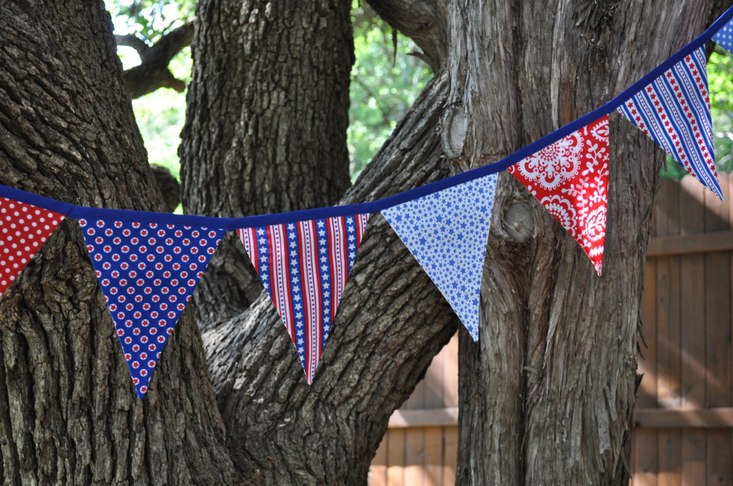 Crisp Red, White & Royal Blue Patriotic fabric pennant banner bunting, 4th of July decoration, photo prop
