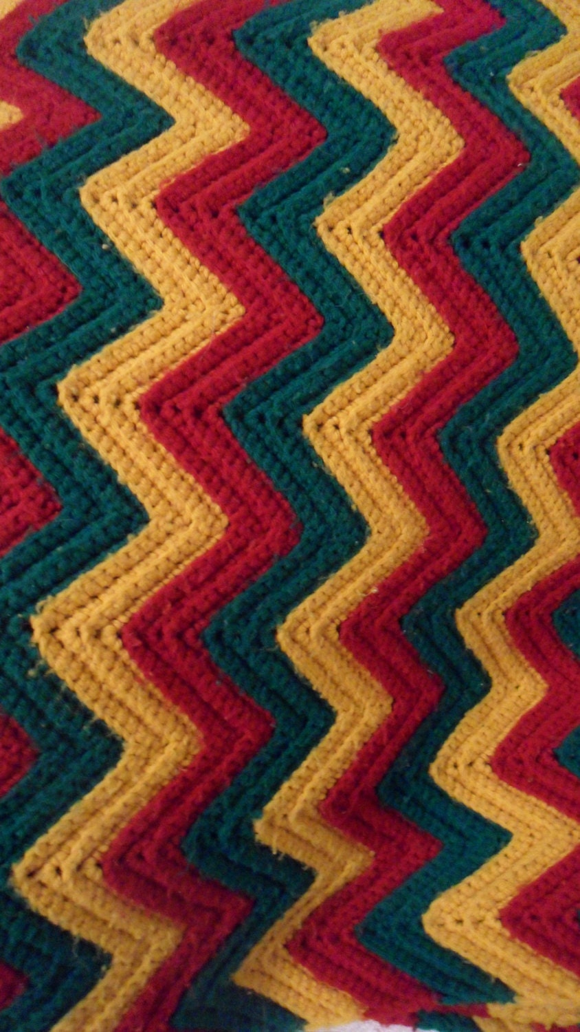 Vintage handmade hand crocheted afghan  CHEVRON zigzag green gold red vintage linen blanket coverlet warm colorful afghan