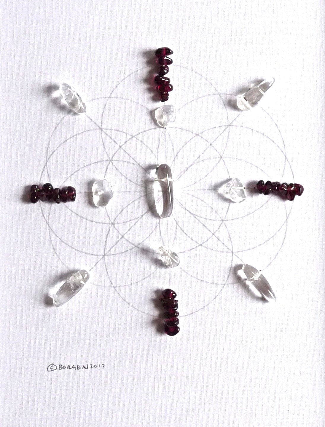 FAME BAGUA AREA --- feng shui art --- framed sacred crystal grid --- garnet, quartz