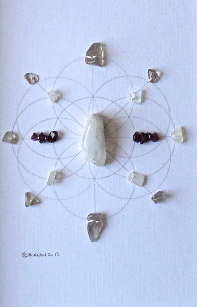 NEW BEGINNINGS COMMITMENT --- framed sacred grystal grid --- moonstone, garnet, smoky quartz