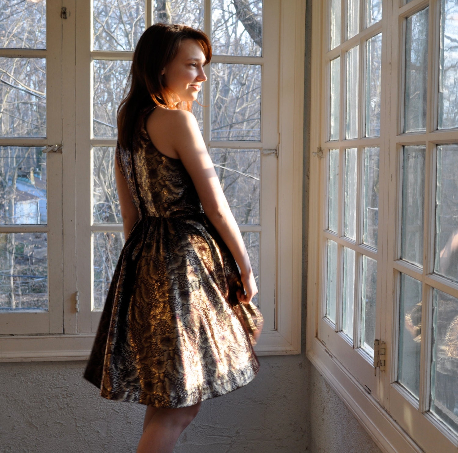 Glimmering Girlie. 1970s Vintage Gold Lurex Stamped Party Dress