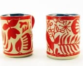 Red Abstract Design Mug Sgraffito Carved Design on Stoneware Pottery